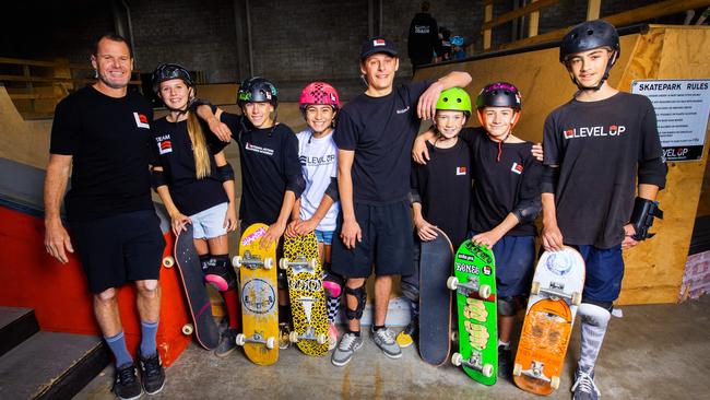 Skaters at Level Up Australia National Sports Academy. L-R: Trevor Ward with Jada Ward, 15, Zen Dickson, 14, Arisa Trew, 13, Ash Wilcomes,16, Asher Watt, 11, Jake Thatcher, 14 and Kalani Salussolia, 14. Picture: Nigel Hallett