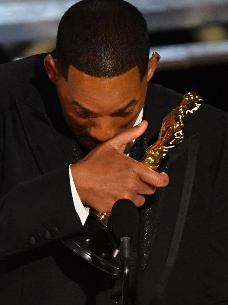 The actor was in tears as he accepted the Best Actor award shortly after the incident. Picture: Robyn Beck/AFP