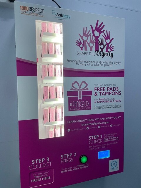 Share the Dignity installed the Pink Box (above) at a unisex public toilet in Warwick Hospital, giving anyone in need free access to pads and tampons as required. Picture: contributed