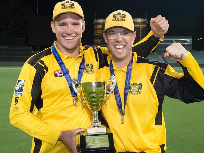 SACA Cricket: Glenelg captain Jake Winter (left) and Conor McInerney celebrate Glenelg's 2024-25 T20 Cup triumph. Picture: SACA.