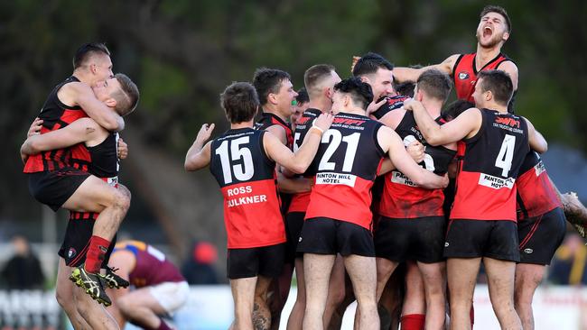 Panton Hill players celebrate after winning the 2019 NFL Division 3 grand final. Picture: Andy Brownbill