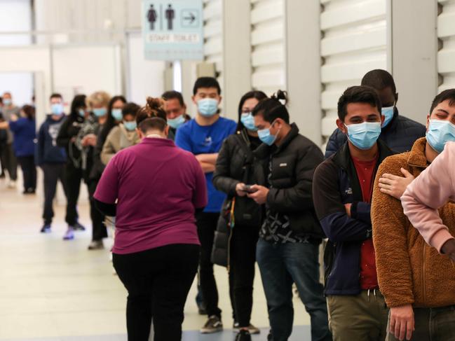 MELBOURNE, AUSTRALIA- NewsWire Photos 2 JUNE 2021 : Aged care and disability care workers line up for their vaccine at the Melbourne Showgrounds as Melbourne endures a 4th lockdown due to a Covid-19 South Australian hotel quarantine leak. Picture : NCA NewsWire / Ian Currie