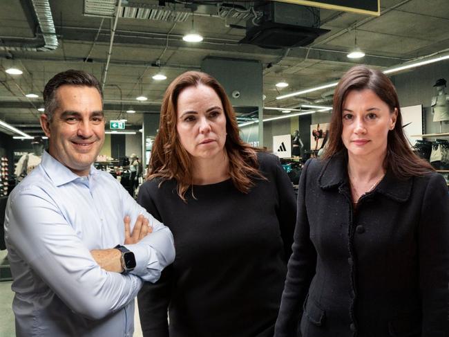 Super Retail Group CEO Anthony Heraghty (L) and former executives and whistleblowers Rebecca Farrell (C) and Amelia Berczelly (R)