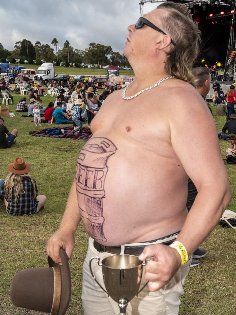 Winner of the Best Dad Bod competition is Matt Jones from Hervey Bay. Meatstock, Toowoomba Showgrounds. Saturday, April 9, 2022. Picture: Nev Madsen.