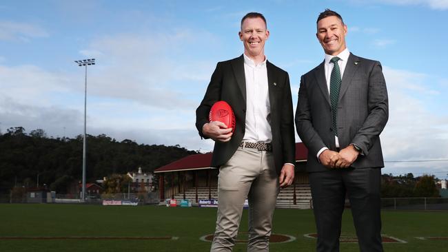 Jack Riewoldt Tasmanian AFL player and Alastair Lynch Tasmanian former AFL player at the announcement. AFL team for Tasmania announcement at North Hobart Oval. Picture: Nikki Davis-Jones