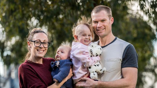 Eleanor Oakley, 3, with her brother George, 4 months, and parents Jacqui and Rob. Picture: JAKE NOWAKOWSKI