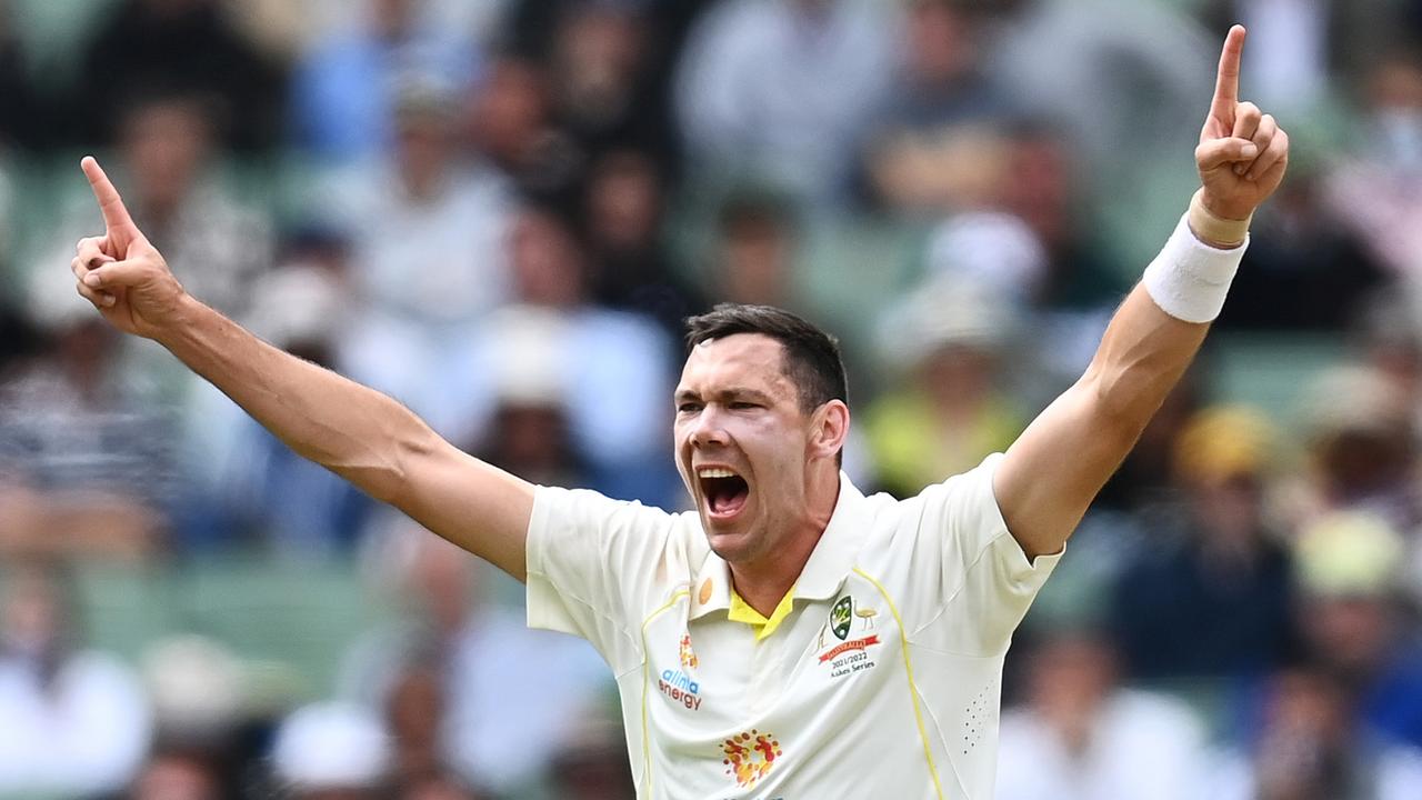 Scott Boland celebrates after taking his first Test wicket dismissing Mark Wood at MCG last year. Picture: Quinn Rooney/Getty Images