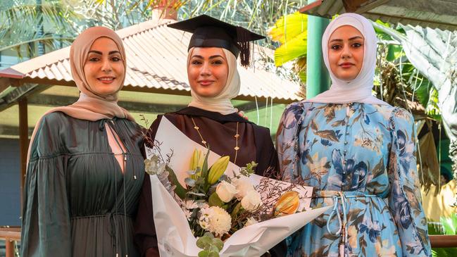 Leila Salman, Fatima Rkein and Marian Rkein at the 2025 Graduation ceremony held at Charles Darwin University on May 20, 2025. Picture: Pema Tamang Pakhrin