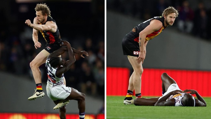 Jimmy Webster's hit on Docker Michael Frederick. Photos: Getty Images