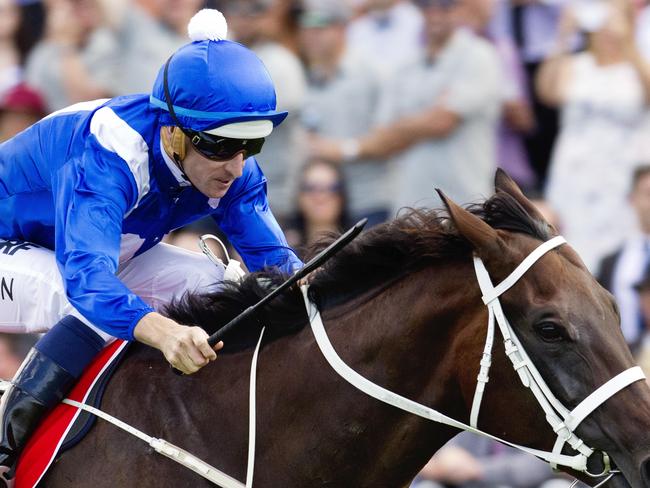 Winx ridden by Hugh Bowman wins race 5 during the races at Rosehill Gardens on Golden Slipper day. Pic Jenny Evans