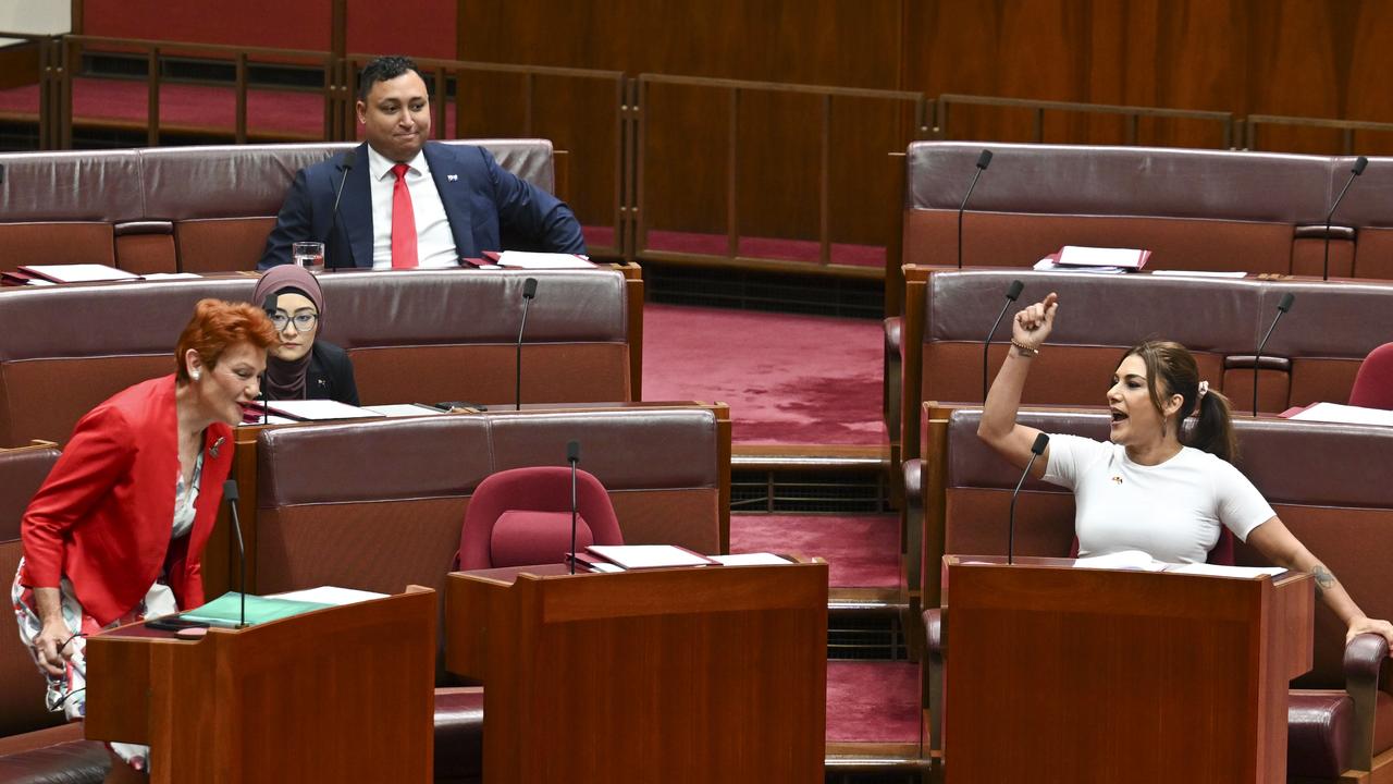 Senator Lidia Thorpe (right) interrupts Senator Pauline Hanson in the Senate at Parliament House on Wednesday. Picture: NewsWire / Martin Ollman