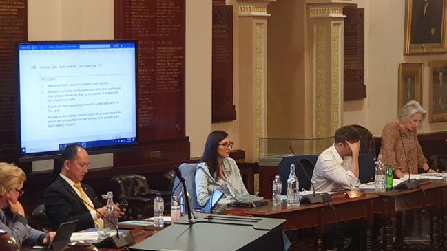 Adelaide Deputy Lord Mayor Mary Couros listens to Cr Anne Moran’s speech. Picture: Colin James