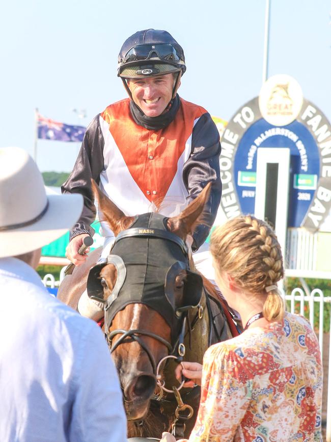 The Chris Nash-trained Maymeen (jockey Simon Miller) moments after winning the $135,000 bet365 Palmerston Sprint (1200m) at Darwin Turf Club. Picture: Glenn Campbell