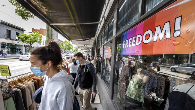 Melburnians enjoy some much-needed retail therapy - albeit outdoors - on Chapel St in South Yarra on Sunday. Picture: NCA NewsWire / David Geraghty