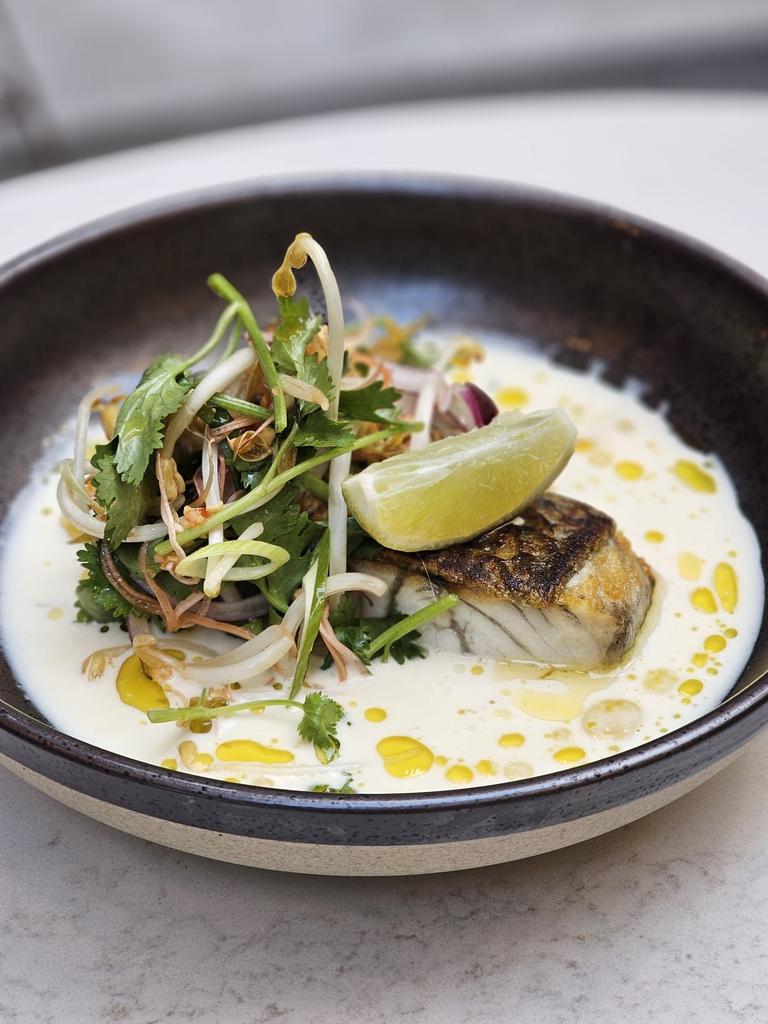 Barramundi, banana blossom salad, tom yum broth at Storehouse Flinders East, Adelaide.