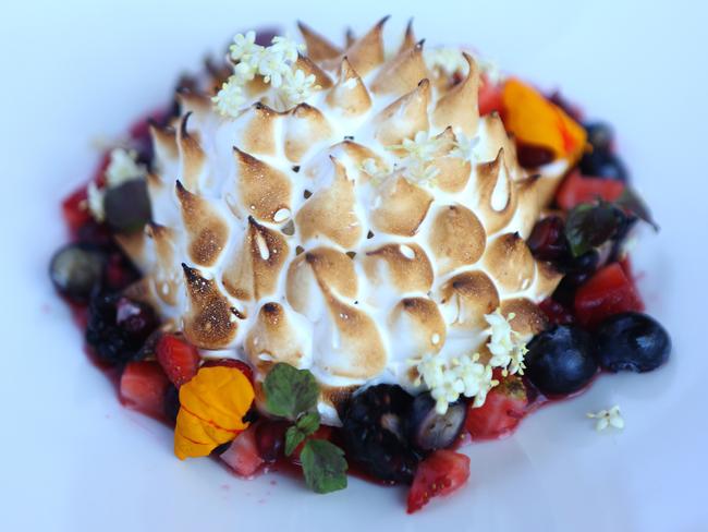 The lemon verbena and blackberry bombe alaska at the original Bistro Moncur. Picture: Carly Earl