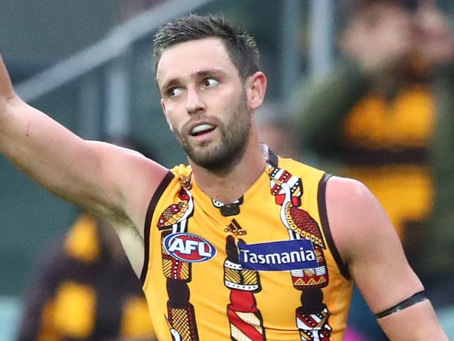 LAUNCESTON, AUSTRALIA - MAY 25: Jack Gunston of the Hawks celebrates after kicking a goal during the round 10 AFL match between the Hawthorn Hawks and the Port Adelaide Power at University of Tasmania Stadium on May 25, 2019 in Launceston, Australia. (Photo by Scott Barbour/Getty Images)