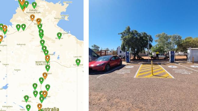 Left: The amount of EV chargers in the Northern Territory. Right: new Red Centre EV fast chargers.