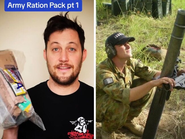 Jarryd Goundrey shares the contents of an Australian army ration pack. Image: TikTok@jarryd_goundrey/Supplied