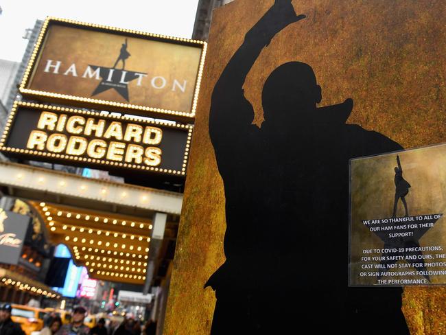 Signage at Hamilton, the hit American Musical on Broadway in New York City.