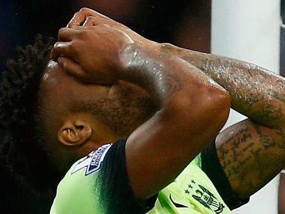 BIRMINGHAM, ENGLAND - NOVEMBER 08: Raheem Sterling of Manchester City reacts after missing a chance on goal during the Barclays Premier League match between Aston Villa and Manchester City at Villa Park on November 8, 2015 in Birmingham, England. (Photo by Laurence Griffiths/Getty Images)