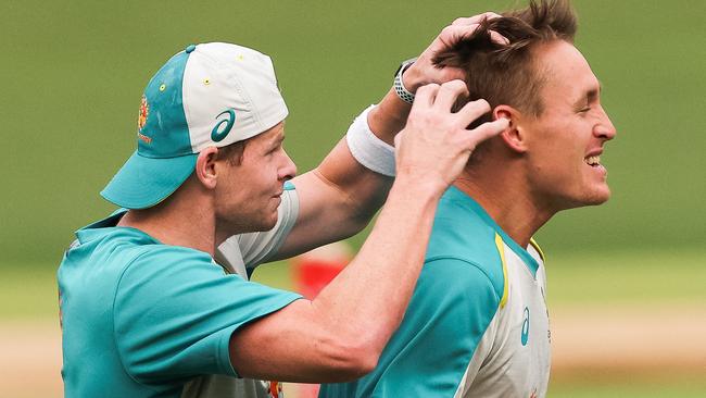 ADELAIDE, AUSTRALIA - DECEMBER 11: (L-R) Steve Smith of Australia and Marnus Labuschagne of Australia are pictured on December 11, 2020 in Adelaide, Australia. (Photo by Daniel Kalisz/Getty Images)