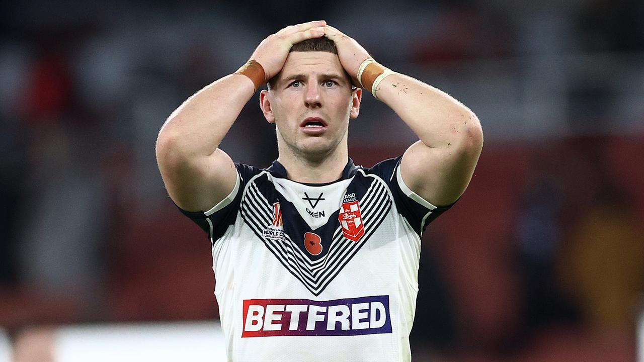 LONDON, ENGLAND - NOVEMBER 12: England's George Williams reacts after his side lose out to a golden point drop goal defeat during the Rugby League World Cup Semi-Final match between England/Papua New Guinea and Tonga/Samoa at Emirates Stadium on November 12, 2022 in London, England. (Photo by Michael Steele/Getty Images)