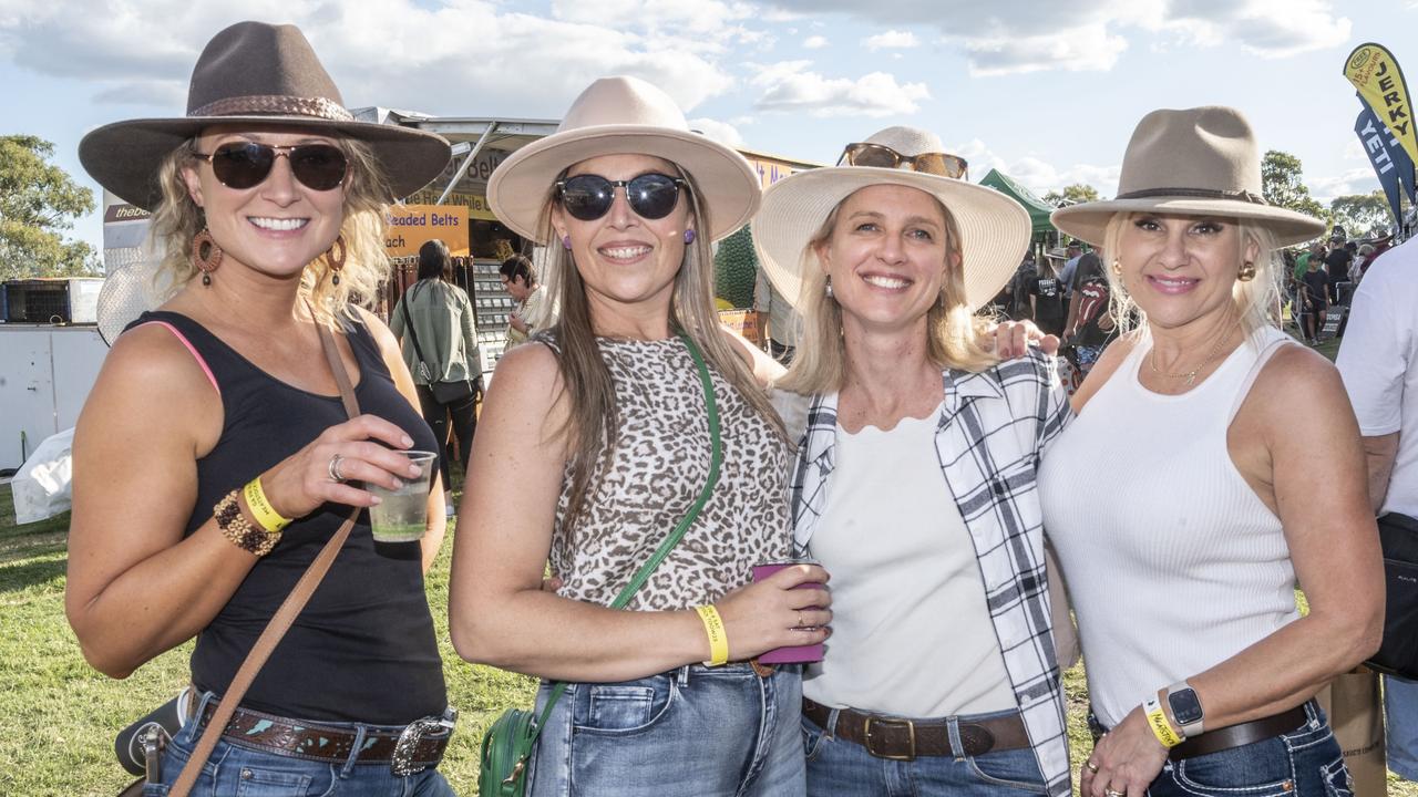 (from left) Alicia Kohn, Amanda Trebeck, Sarah Bryant and April Morris. Meatstock 2023 at Toowoomba Showgrounds. Friday, April 14, 2023. Picture: Nev Madsen.