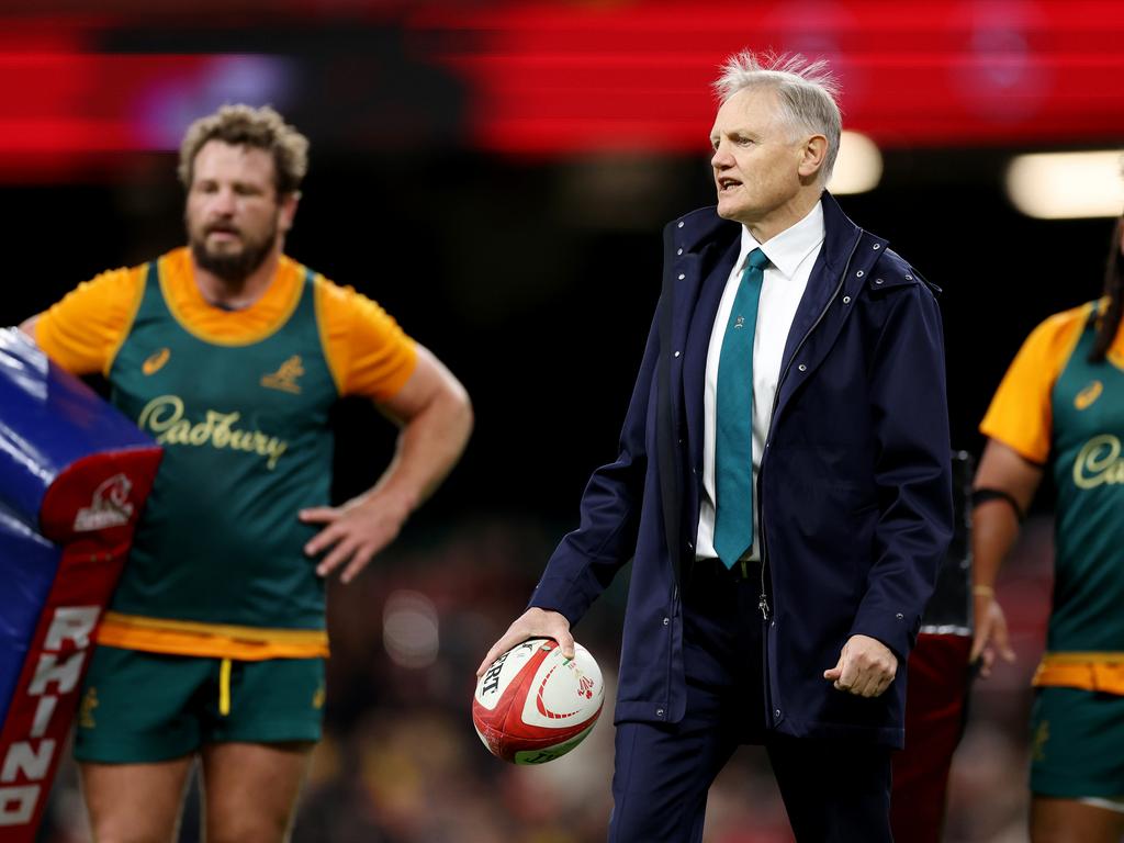 Wallabies coach Joe Schmidt looks on as players of Australia warm up prior to the Autumn Nations Series 2024 match between Wales and Australia at the Principality Stadium on November 17, 2024 in Cardiff, Wales. Picture: Getty Images