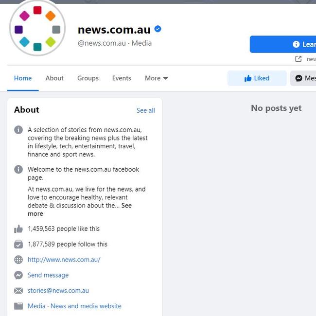 The Facebook page for news.com.au has been scrubbed but you can still read articles on this site and its other social media platforms.