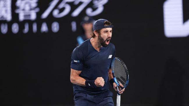 Jordan Thompson reacts after a point against Stefanos Tsitsipas Picture: Martin Keep / AFP