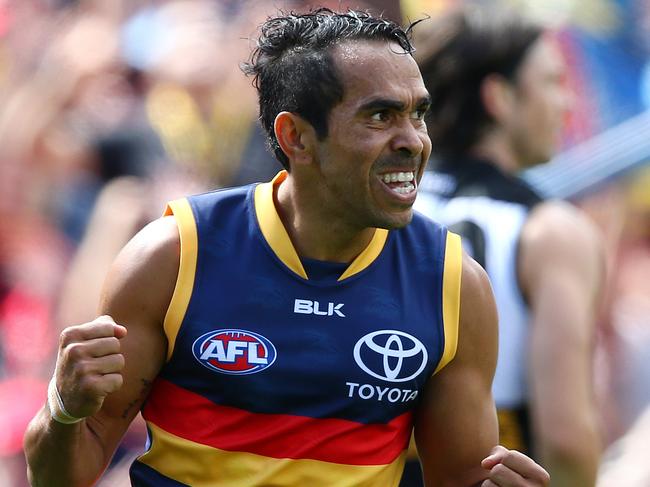 AFL - Showdown 40 - Adelaide Crows v Port Adelaide at Adelaide Oval. Eddie Betts celebrates his second goal. Picture: Sarah Reed.