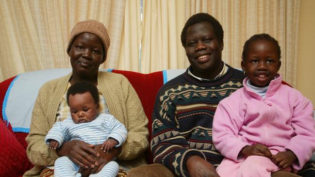 Thomas Lual, Regina Bol-Obony, their daughter, Juina and son Luamon in 2005. Picture: Shannon Morris