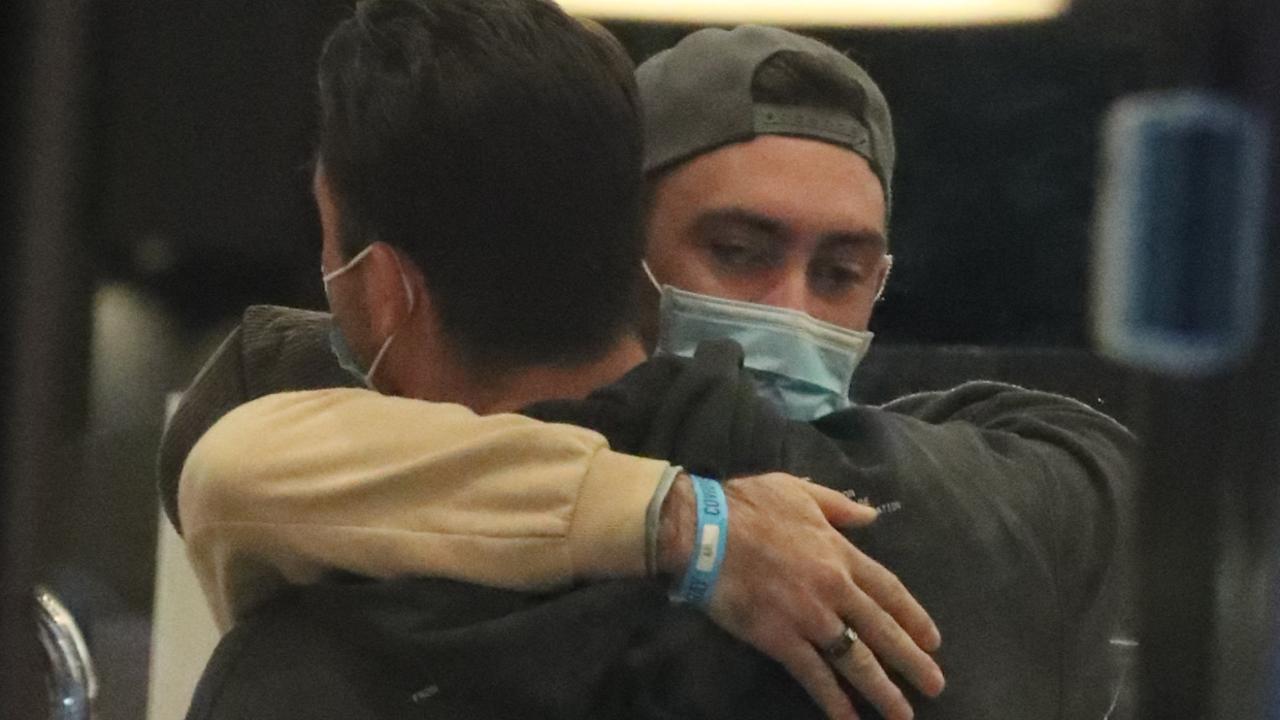 Glenn Maxwell farewells teammate Marcus Stoinis after two weeks of quarantine. Picture: John Grainger