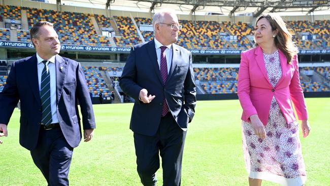 Brisbane Lord Mayor Adrian Schrinner, Scott Morrison and Queensland Premier Annastacia Palaszczuk visit he Gabba Stadium in Brisbane in March, 2022. Picture: NCA NewsWire / Dan Peled