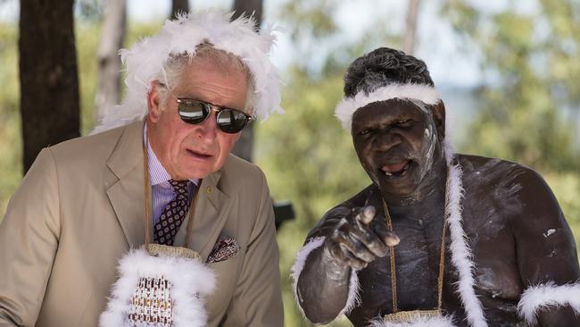 Prince Charles with Rirratjingu traditional owner Mandaka Marika on the Gove peninsula yesterday. Picture: Getty Images