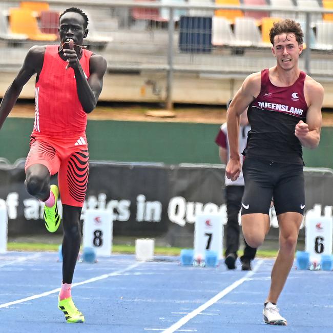 Gout Gout in the Queensland track and field state titles U20 100m final Saturday March 15, 2025. Picture, John Gass