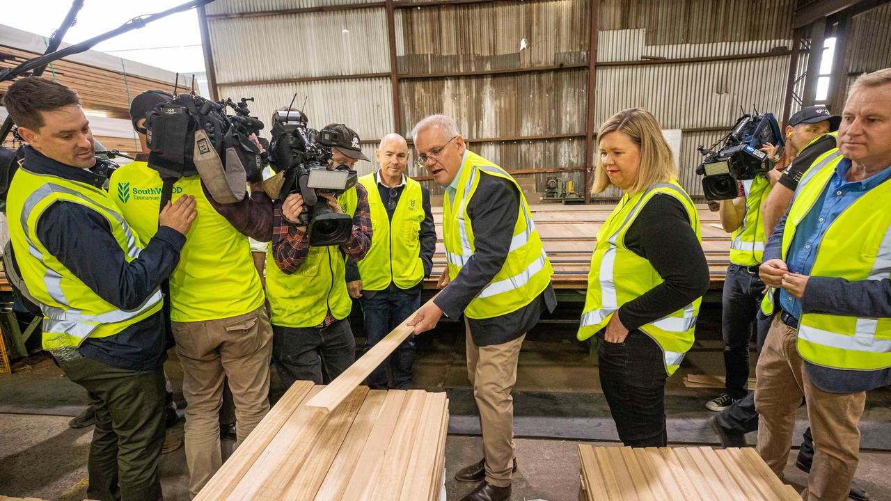 Prime Minister Scott Morrison visits Neville Smith Forest Products (NSFP) in Mowbray, Tasmania. Picture: Jason Edwards