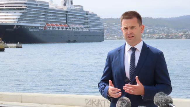 Labor leader MP Dean Winter speaks to the media on the Hobart waterfront on Thursday, March 6, 2025.