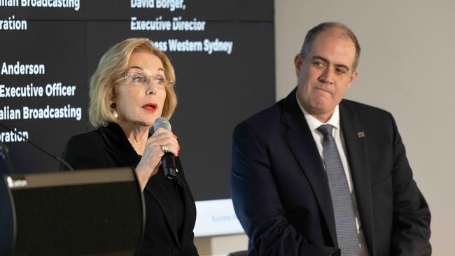 ABC managing director David Anderson and chair Ita Buttrose in Parramatta CBD after announcing ABC HQ will move from Ultimo. Picture: Ryan Osland