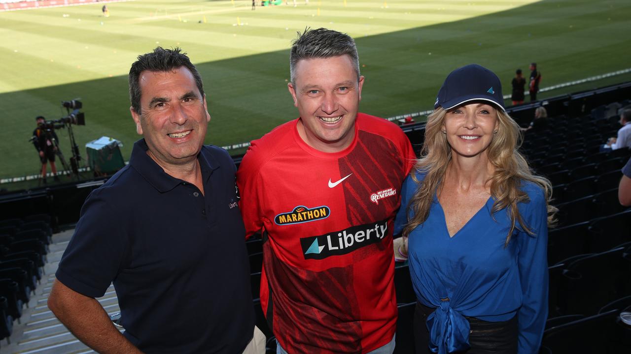 Robert Hunter, Mark Schultz and Julie Hunter at GMHBA Stadium for the Renegades and Hurricanes match. Picture: Alan Barber