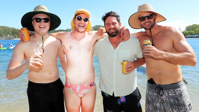 English lads Ollie Townsend, Eamon Heron, John Felton and Aidan Headdin were celebrating Australia Day at Tallebudgera Creek Photo: Scott Powick.