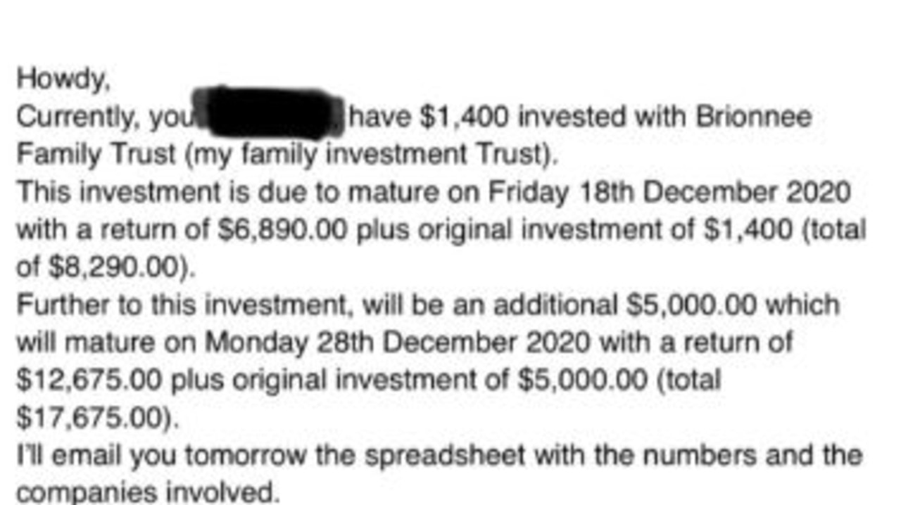 One of the emails sent from Varas to the victim. The court found the “Brionnee Family Trust” did not exist. Picture: Supplied