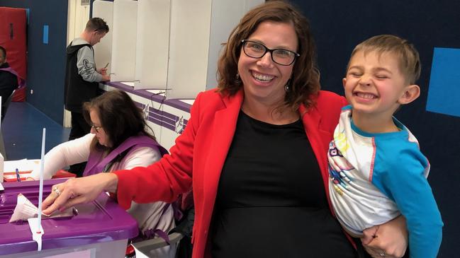 Kingston Labor MP Amanda Rishworth voting at Woodcroft Primary School with her son Percy, 4. Picture: Ashleigh Pisani