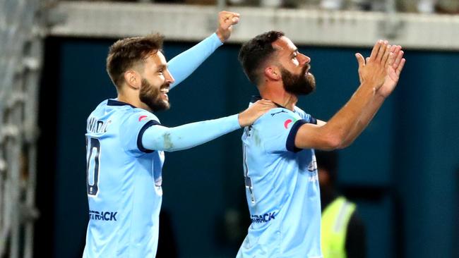 Sydney FC's Alex Brosque celebrates scoring a goal during the Sydney Derby. Picture: Gregg Porteous