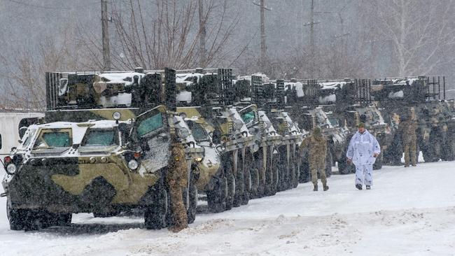 Ukrainian armoured personnel carriers move to their base in the northeast Kharkiv region. Picture: AFP