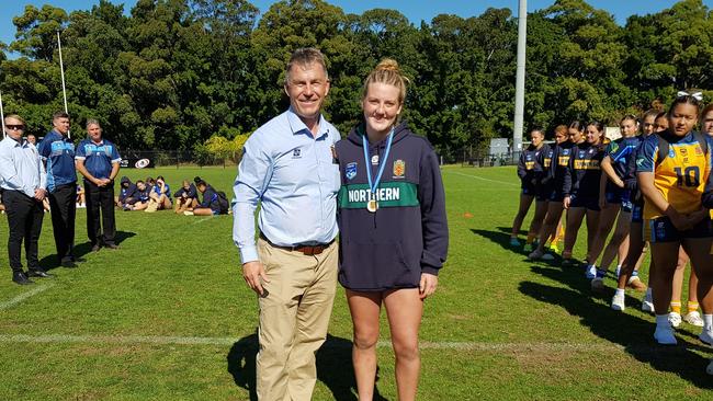 Ellie Brander Hunter Sports High School with NSW CHS Rugby league convener Mr Tim Wykes