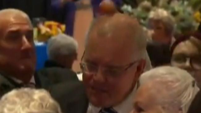 Prime Minister Scott Morrison was hit with an egg as he visited the Country Women's Association State Conference (CWA) of NSW. Picture: Seven News