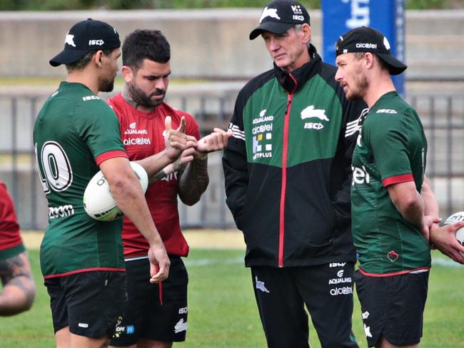 (LR) Cody Walker, Adam Reynolds Wayne Bennett and Damien Cook at Rabbitohs Training in Redfern Oval on the 18th May 2020. Photographer: Adam Yip