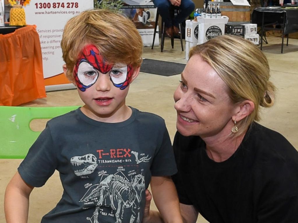 Young Harry Wroe transformed into Spider-Man in the pavilions at Lismore Show, with Kayla Mazzer. Picture: Cath Piltz